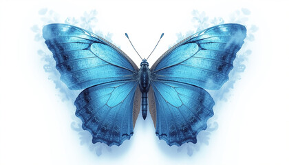 Obraz premium A beautiful blue butterfly with its wings spread wide on a white background