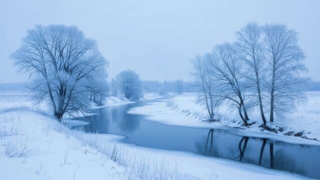 Snowy trees beside a frozen river
