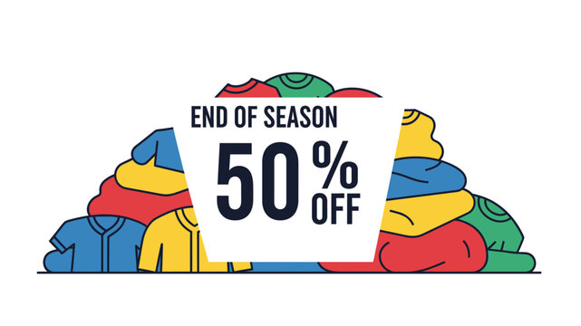 End of season clothing sale graphic with a large pile of colorful garments - Powered by Adobe
