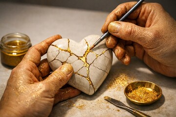 Kintsugi Heart Restoration: Delicate hands carefully repair a broken heart-shaped object, mending its fractured surfaces with gold, symbolizing resilience and the beauty of imperfections.