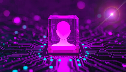 A futuristic digital avatar icon on a circuit board with neon lights