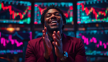 A joyful man celebrating success in a modern trading room with colorful screens