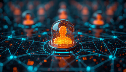 A glowing orange silhouette of a person protected by a glass dome on a network of blue lines and dots