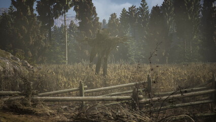 Obraz premium A lonely scarecrow stands amidst golden crops, keeping watch over a serene field surrounded by tall trees. The atmosphere is tranquil, with soft light filtering through foliage.