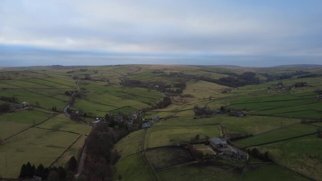 aerial view of the top of the Colden Valley showing the village of Colden and surrounding landscape near hebden Bridge in west yorkshire 