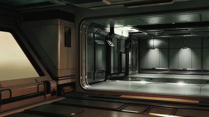 Bright lights illuminate the sleek walls of a futuristic space station interior. The design features modern materials and an expansive view of an outer space scene.