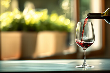 Red wine being poured into a glass on a table, with soft natural light and a blurred indoor background.