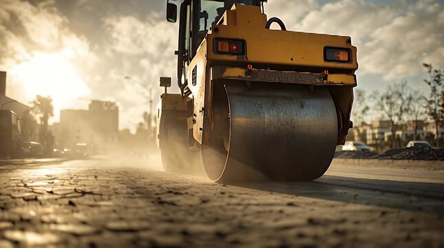 A yellow road roller compactor on a dusty road with a cloudy sky