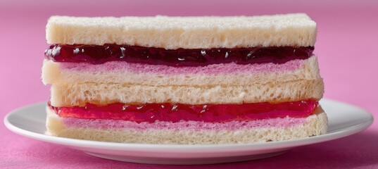 PB&J layers on white plate with pink-purple gradient split view