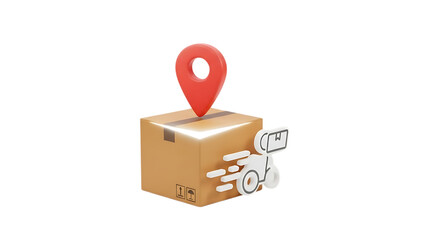 A cardboard box with a red location pin on top isolated on transparent background
