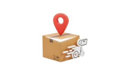 A cardboard box with a red location pin on top isolated on transparent background