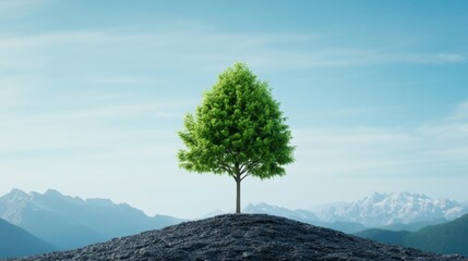 Lush Green Tree on Rocky Hill with Scenic Mountain Landscape Background