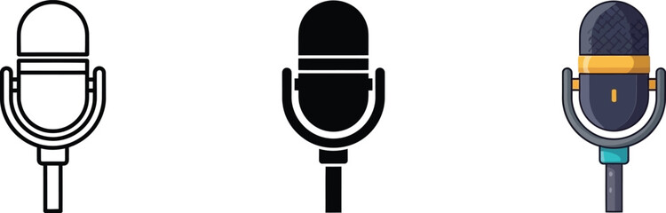 Set of microphone icons in various styles: outline, solid, and flat design for audio and broadcasting