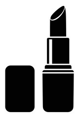 Obraz premium Sleek black and white vector graphic illustrating an open tube of classic cosmetic lipstick with its matching cap resting beside the base.