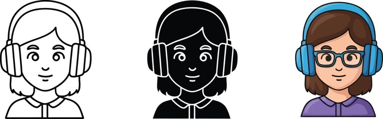 Diverse illustration set of a person with headphones, featuring outline, silhouette, and colored styles