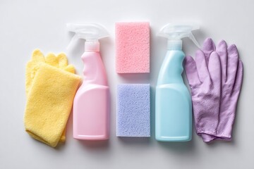Flat lay of pastel cleaning products for household chores. Top view of spray bottles, sponges, and rubber gloves on a white background. Housekeeping and hygiene concept