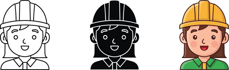 Cartoon icon of a smiling woman engineer with hard hat in three different styles