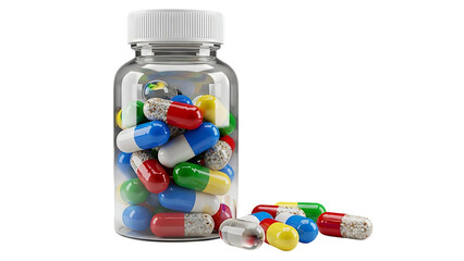 A clear plastic bottle filled with colorful pills isolated on transparent background