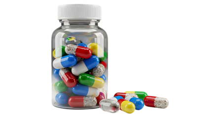 A clear plastic bottle filled with colorful pills isolated on transparent background