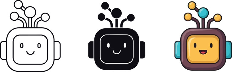 Cute friendly robot head icon in three different styles demonstrating versatility for digital design