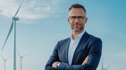 Confident businessman standing with arms crossed near wind turbines