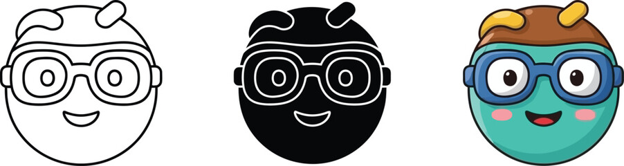 Collection of a cheerful cartoon character's face with goggles in diverse styles