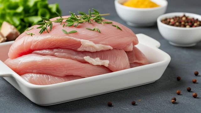 Fresh raw chicken breast with herbs and spices showcased on gray kitchen countertop