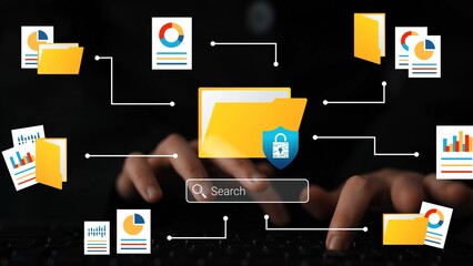 Conceptual illustration of digital file organization and secure searching on a computer,...