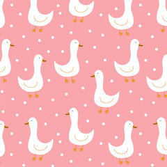 Cute Duck Seamless Pattern on Pink Background with Polka Dots, Cartoon Ducklings, Nursery and Kids Design, Pastel Vector Illustration
