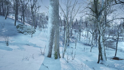 Gentle snow blankets a serene forest landscape. Leafless trees stand tall, creating a tranquil atmosphere. The pale winter sky enhances the calm feeling of this tranquil scene.