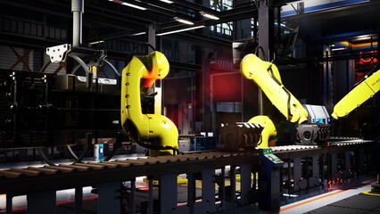 In a cutting edge factory, bright yellow robotic arms assemble parts on a sleek production line. The atmosphere is energetic, showcasing advanced technology in action during peak hours.