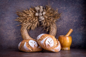 Background with two breads from wheat flour	
