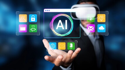 Businessman in Virtual Reality Glasses Engaging with AI Technology and Digital Icons Representing Innovation and Connectivity in a Modern Workspace Gluon.