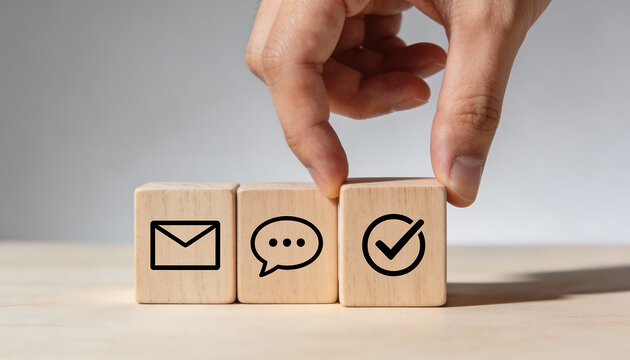Hand arranging wooden blocks with email chat and check icons for customer service communication support approval and feedback concept minimal neutral background