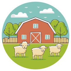 Cute cartoon sheep in a field in front of a classic red barn on a sunny day at the farm.