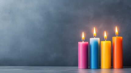Vibrant Colorful Candles with Flickering Flames on a Dark Background