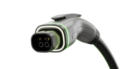 Close up of a type 2 electric vehicle charging connector isolated on transparent background