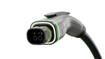 Close up of a type 2 electric vehicle charging connector isolated on transparent background