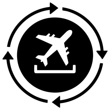 Airplane icon within circular arrows for roundtrip travel or cargo shipment concept