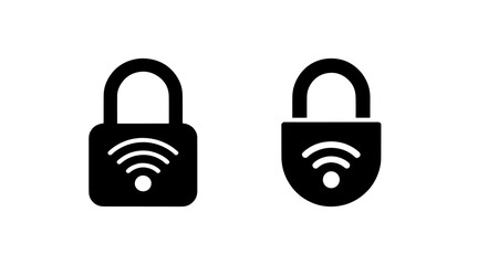 Two black icons displaying a padlock symbol combined with a wireless network signal represent digital security concepts.