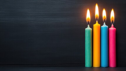 Colorful Candles with Bright Flames on Dark Background for Celebrations