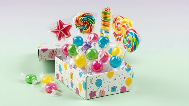 Colorful candies and lollipops overflowing from gift box on pastel background