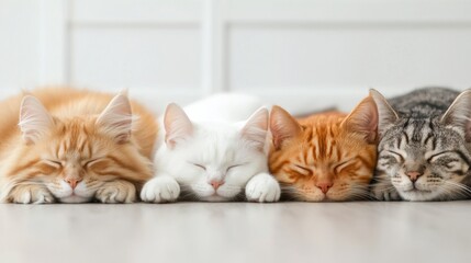 Five Adorable Cats Sleeping Peacefully Together in a Cozy Indoor Setting