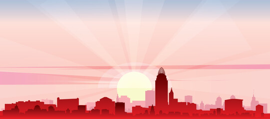 Obraz premium Red panoramic poster of the city skyline with misty background buildings, sunrise, moon and clouds of CINCINNATI, UNITED STATES