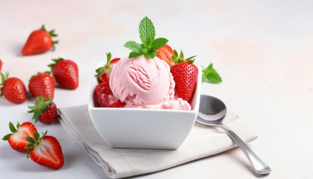 Square bowl of strawberry ice cream with mint, berries and spoon on white grunge table