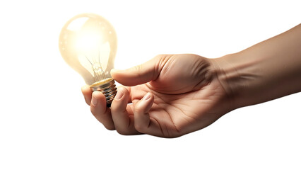 A hand holding a glowing light bulb isolated on transparent background