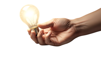 A hand holding a glowing light bulb isolated on transparent background