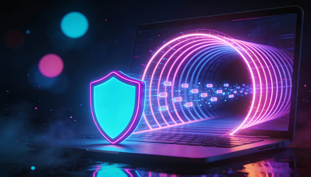 Neon shield and encrypted data tunnel flowing through laptop vpn secure network connection privacy protection and cybersecurity concept futuristic 3d illustration