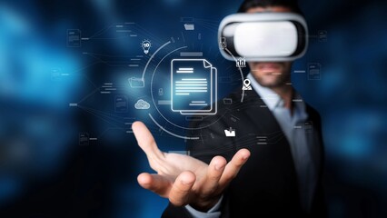 A businessman wears a virtual reality headset, reaching out to interact with floating digital documents and data charts, showcasing the future of technology and innovation. Raster