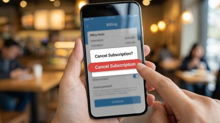 A person canceling a subscription on their smartphone in a cafe